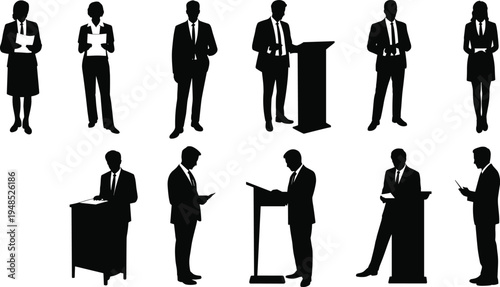 Flat vector illustration of business professionals silhouettes standing and speaking at podiums, holding documents, and presenting in corporate meeting environments