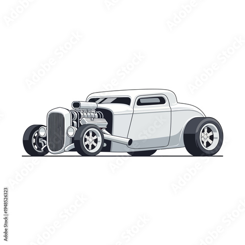 Classic White Hot Rod Coupe with Exposed Engine and Chrome Details