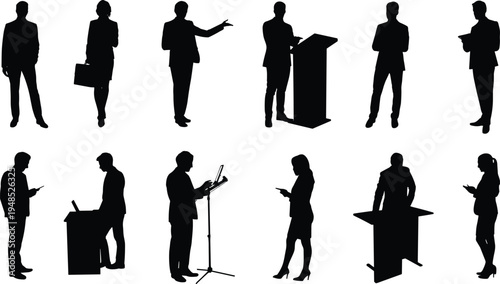 Flat vector illustration of business people standing, giving presentations, using devices, public speaking, silhouette icons, corporate posture, communication scene