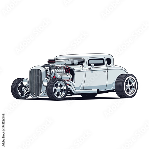 Classic White Hot Rod Coupe with Exposed Engine and Chrome Wheels