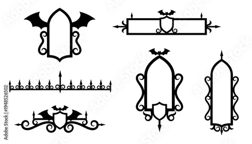 Collection of black spiked gothic frames, bat wings, shields and swirl borders. Perfect vector silhouette elements for spooky Halloween graphic art