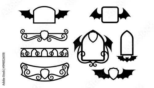 Set of black Halloween bat wing shield frames and gothic swirl borders. Perfect vector silhouette elements for spooky invitations and badge designs