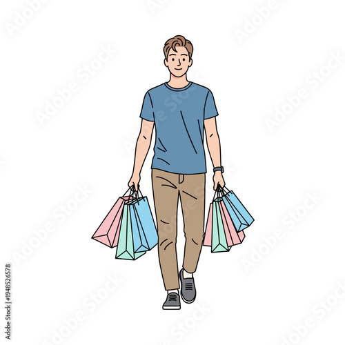 Happy Man Carrying Shopping Bags, Casual Style, White Background