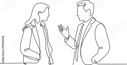 Flat vector illustration of man and woman in formal attire having professional conversation, teamwork discussion, communication, collaboration, business dialogue