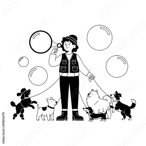 Professional dog walker guiding a diverse pack of dogs on a group walk or Multi breed dogs on leash with an experienced dog walker in a lively outdoor scene