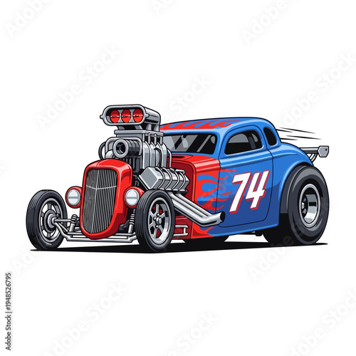 Retro Hot Rod Car with Flames and Supercharger