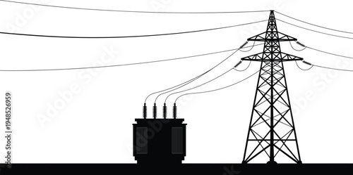 Flat vector illustration of high voltage transmission tower and electrical transformer station with power lines, energy supply, and utility structure