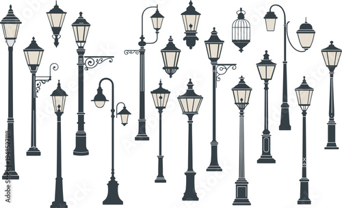 Set of vintage street lamps, antique outdoor lights, classic urban lanterns, retro lamp posts, black silhouette flat vector illustration