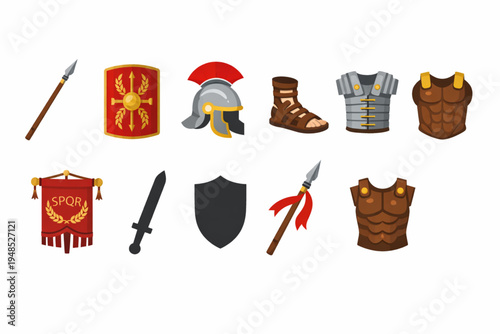 Roman Soldier Icon Set – Spear, Shield, Helmet, Armor, and Sword Symbols Flat Design