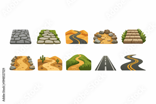 Stone Path Icon Set – Roads, Trails, and Rocky Pathways Flat Design