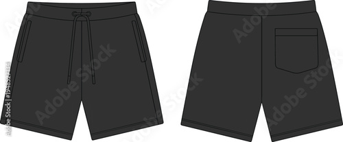 Flat vector illustration of black casual shorts front and back, drawstring waistband, side and back pockets, activewear fashion template