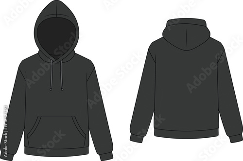 Flat vector illustration of black hooded sweatshirt with drawstring, front and back view, kangaroo pocket, casual fashion pullover design template