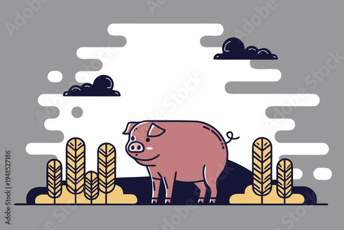 Farm Pig Side View Vector Illustration