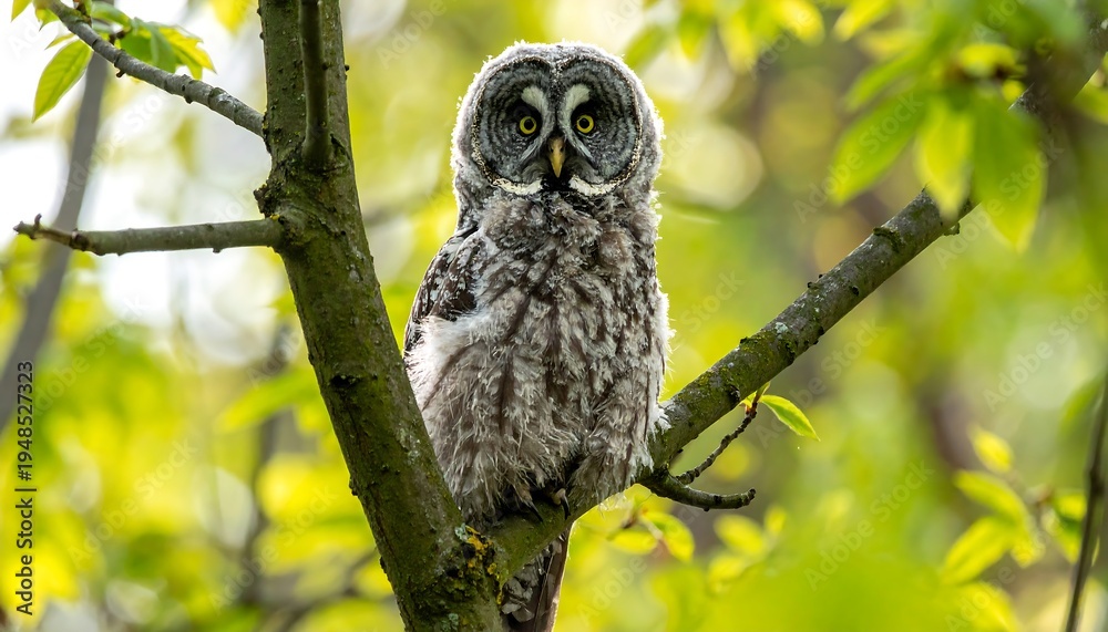 Fototapeta premium Young owl perched on tree branch.