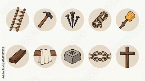 Crucifixion Tools Icon Set – Ladder, Nails, Rope, and Wooden Beam Symbols Flat Design