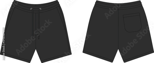 Flat vector illustration of black casual shorts front and back view with drawstring waist, pocket detail, modern minimalist fashion design