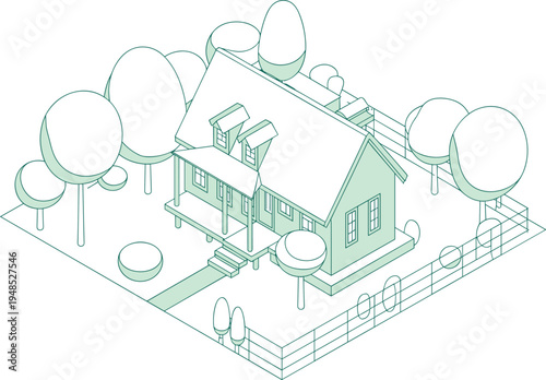 Flat vector illustration of countryside house with porch, front yard, surrounding trees, windows, stairs, and fence in isometric design