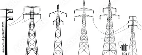 Flat vector illustration of electric transmission towers, high voltage power lines, utility poles and transformer structure for energy distribution system