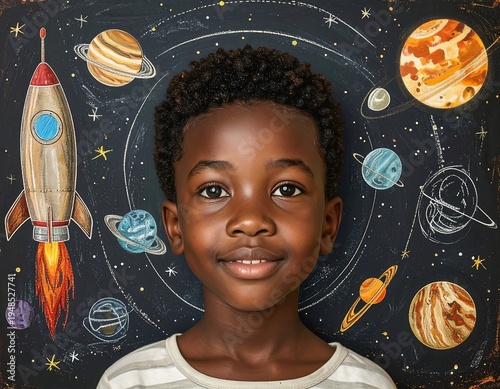 A smiling young boy with curly hair stands before a chalkboard galaxy drawing of planets and a rocketship