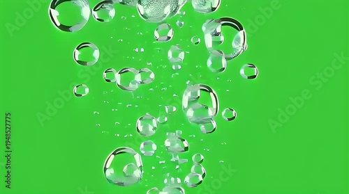 Numerous clear gas bubbles of various sizes actively rise through a liquid, creating an effervescent visual effect against a vibrant, solid green background for versatile use.