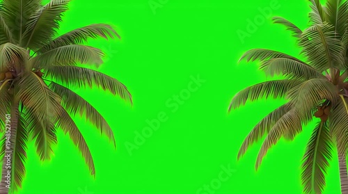 Lush tropical palm trees with mature coconuts framing a vibrant chroma key green screen background, perfect for compositing in various digital projects.