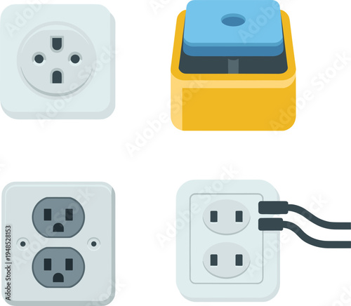 Flat vector illustration of electric power outlets, socket connectors, plug ports, wall adapters, household electricity access, realistic utility icons, isolated
