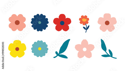 Floral Clipart Bundle, Colorful Flower and Leaf Vector Set.
