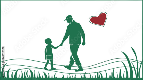 Green silhouette of man and child holding hands with red heart father