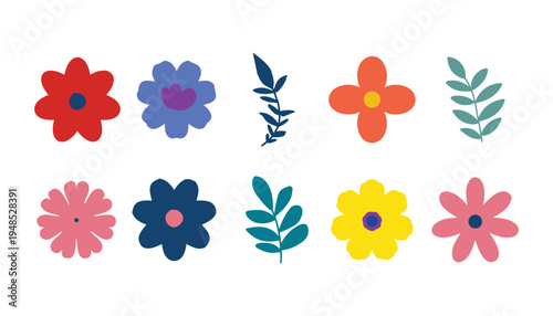 Floral Clipart Bundle, Colorful Flower and Leaf Vector Set.