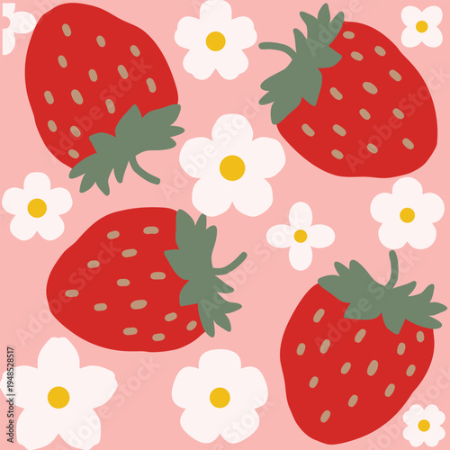 Cute Strawberry Seamless Pattern, Pink Fruit Floral Vector Design.