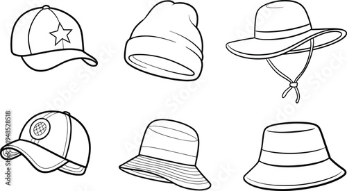 Set of various hat illustrations, including caps, bucket hats, beanie, and sunhat, vector line art for fashion design use