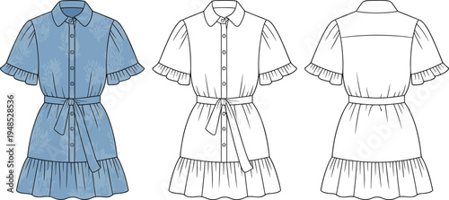 Short sleeve belted shirt dress with ruffle hem and button front, flat fashion sketch template, front back technical view