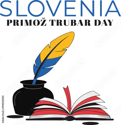 Slovenia primož trubar day commemorative with book and quill inkwell