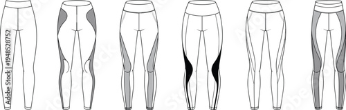 Set of women’s leggings technical flat sketches, sportswear design variations, fitness pants fashion illustration, vector activewear apparel template
