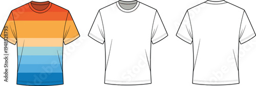 Colorful striped crew neck t-shirt, front back side view, flat sketch template for fashion design, vector unisex casual tee drawing

 flat vector illustration