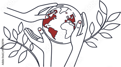 Hands holding globe with red continents and leaves earth branches