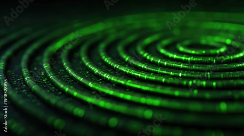 Close-up of concentric, glowing green coils arranged in a circular pattern on a dark surface.