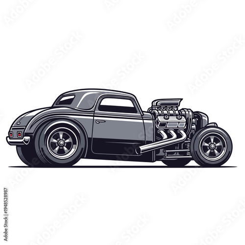 Vintage Hot Rod Car Illustration, Classic Coupe with Exposed Engine