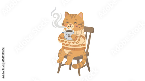 Cute Ginger Cat Wearing a Cozy Sweater Drinking Hot Coffee