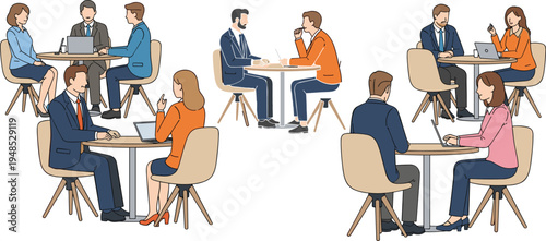 Business people sitting at round tables in coworking space having meetings and working on laptops isolated on white background for corporate office design