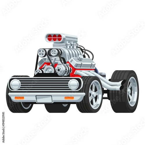 Vintage Hot Rod Car with Supercharger and Dual Exhaust, Vector Illustration