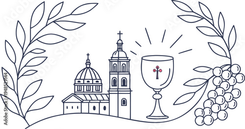 Liechtenstein corpus christi holiday with church buildings challice and grapevine