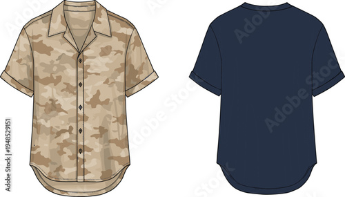 Short sleeve camouflage shirt front and navy back view flat sketch design, men’s fashion mockup template for apparel illustration use. flat vector illustration