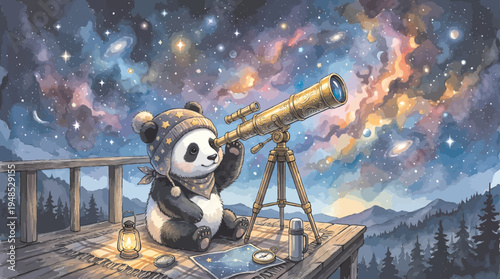 Little Panda Astronomer Looking Through a Telescope at the Starry Night Sky