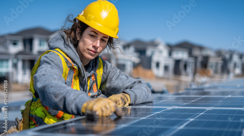 Professional installer mounting solar panels on a residential roof under blue sky