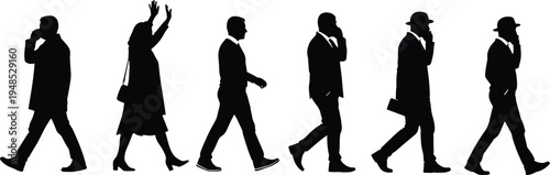 Collection of black silhouettes of business people walking and talking on mobile phones featuring businessmen in suits and a woman waving her hands.