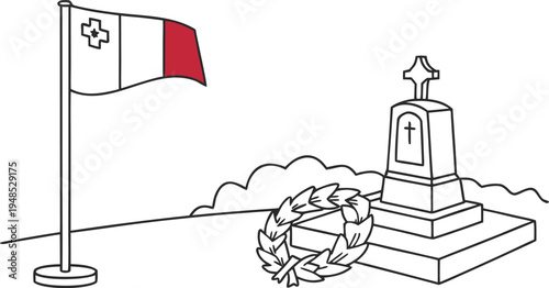 Malta flag flying beside memorial monument and laurel wreath flagpole cross