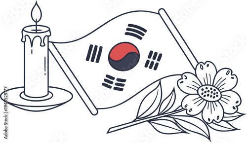 South korea memorial day commemorative with flag candle and flower