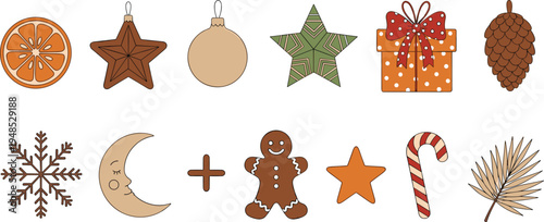 Collection of minimalist Christmas icons and winter ornaments featuring gingerbread man, snowflake, star, candy cane, and gift box isolated on white background for seasonal holiday designs.