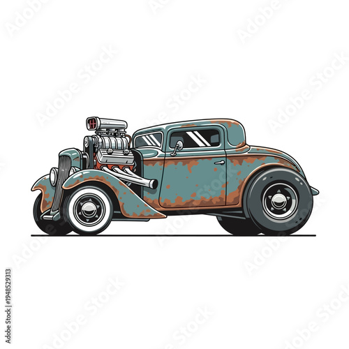 Vintage Hot Rod Coupe Car, Rusty Patina, Powerful Engine, Classic Automobile